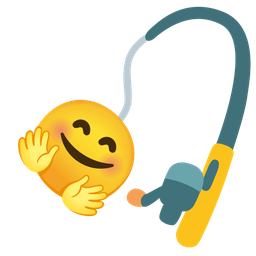 smiling face with open hands and fishing pole