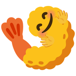 smiling face with open hands and fried shrimp