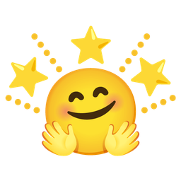 smiling face with open hands and glowing star