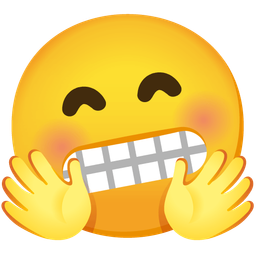 smiling face with open hands and grimacing face