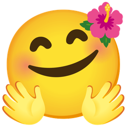 smiling face with open hands and hibiscus