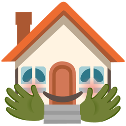 smiling face with open hands and house