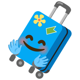 smiling face with open hands and luggage