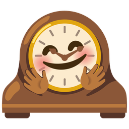 smiling face with open hands and mantelpiece clock