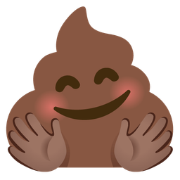 smiling face with open hands and pile of poo