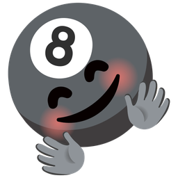 smiling face with open hands and pool 8 ball