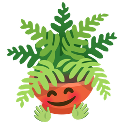 smiling face with open hands and potted plant