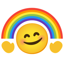 smiling face with open hands and rainbow