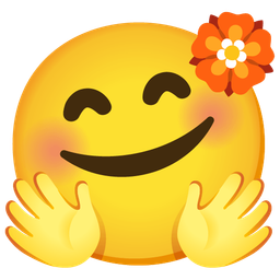 smiling face with open hands and rosette