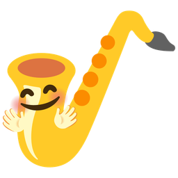 smiling face with open hands and saxophone