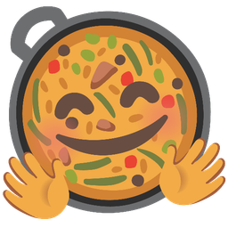 smiling face with open hands and shallow pan of food