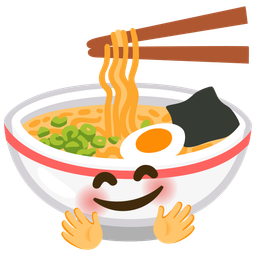 smiling face with open hands and steaming bowl