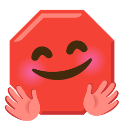 smiling face with open hands and stop sign