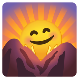 smiling face with open hands and sunrise over mountains