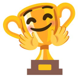 smiling face with open hands and trophy