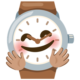 smiling face with open hands and watch