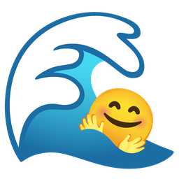 smiling face with open hands and water wave
