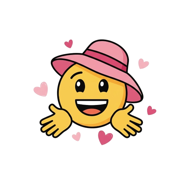 Smiling face with open hands and Woman’s hat