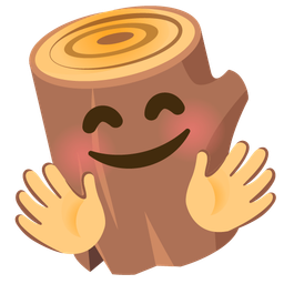smiling face with open hands and wood