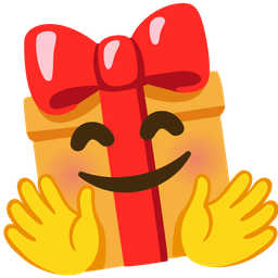 smiling face with open hands and wrapped gift