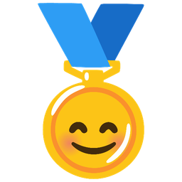 smiling face with smiling eyes and 1st place medal
