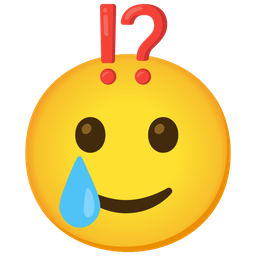 smiling face with tear and exclamation question mark