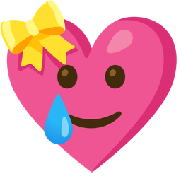 smiling face with tear and heart with ribbon