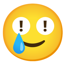 smiling face with tear and red exclamation mark