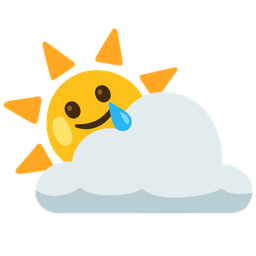 smiling face with tear and sun behind cloud