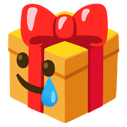 smiling face with tear and wrapped gift