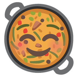 smiling face and shallow pan of food
