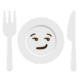 smirking face and fork and knife with plate