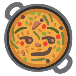 smirking face and shallow pan of food