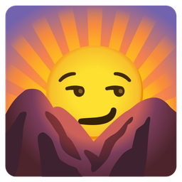smirking face and sunrise over mountains