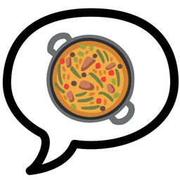 speech balloon and shallow pan of food