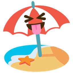 squinting face with tongue and beach with umbrella