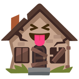 squinting face with tongue and derelict house