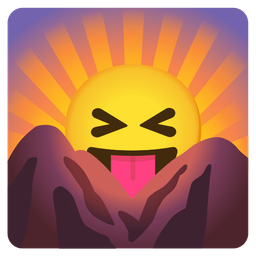 squinting face with tongue and sunrise over mountains