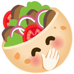 stuffed flatbread and face with hand over mouth