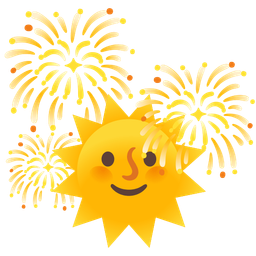sun with face and fireworks