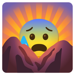 sunrise over mountains and anxious face with sweat