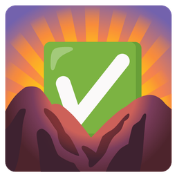 sunrise over mountains and check mark button