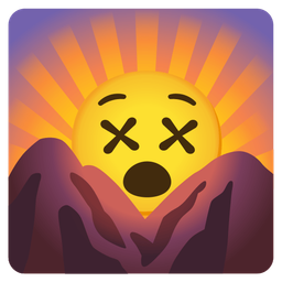 sunrise over mountains and face with crossed-out eyes