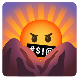 sunrise over mountains and face with symbols on mouth