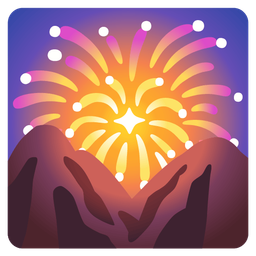 sunrise over mountains and fireworks