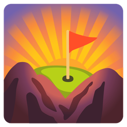 sunrise over mountains and flag in hole