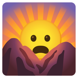 sunrise over mountains and frowning face with open mouth