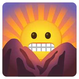 sunrise over mountains and grimacing face