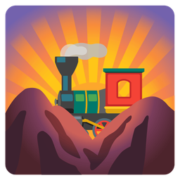 sunrise over mountains and locomotive