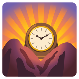 sunrise over mountains and mantelpiece clock